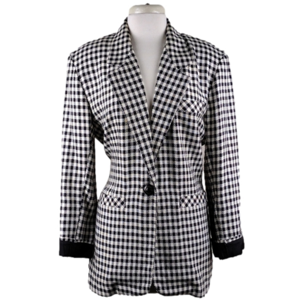 Chad Stevens Houndstooth Notched Collar One Button Long Sleeve Mid Length Blazer